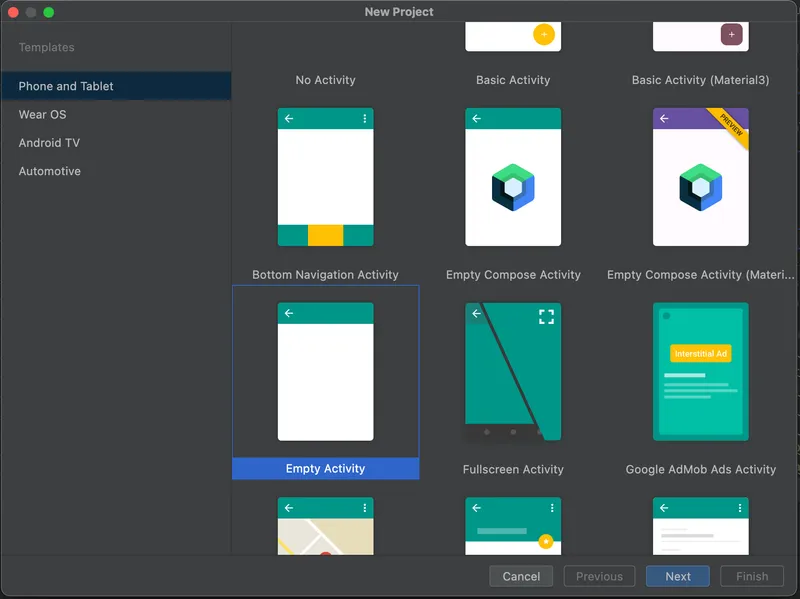 Select empty activity in Android Studio